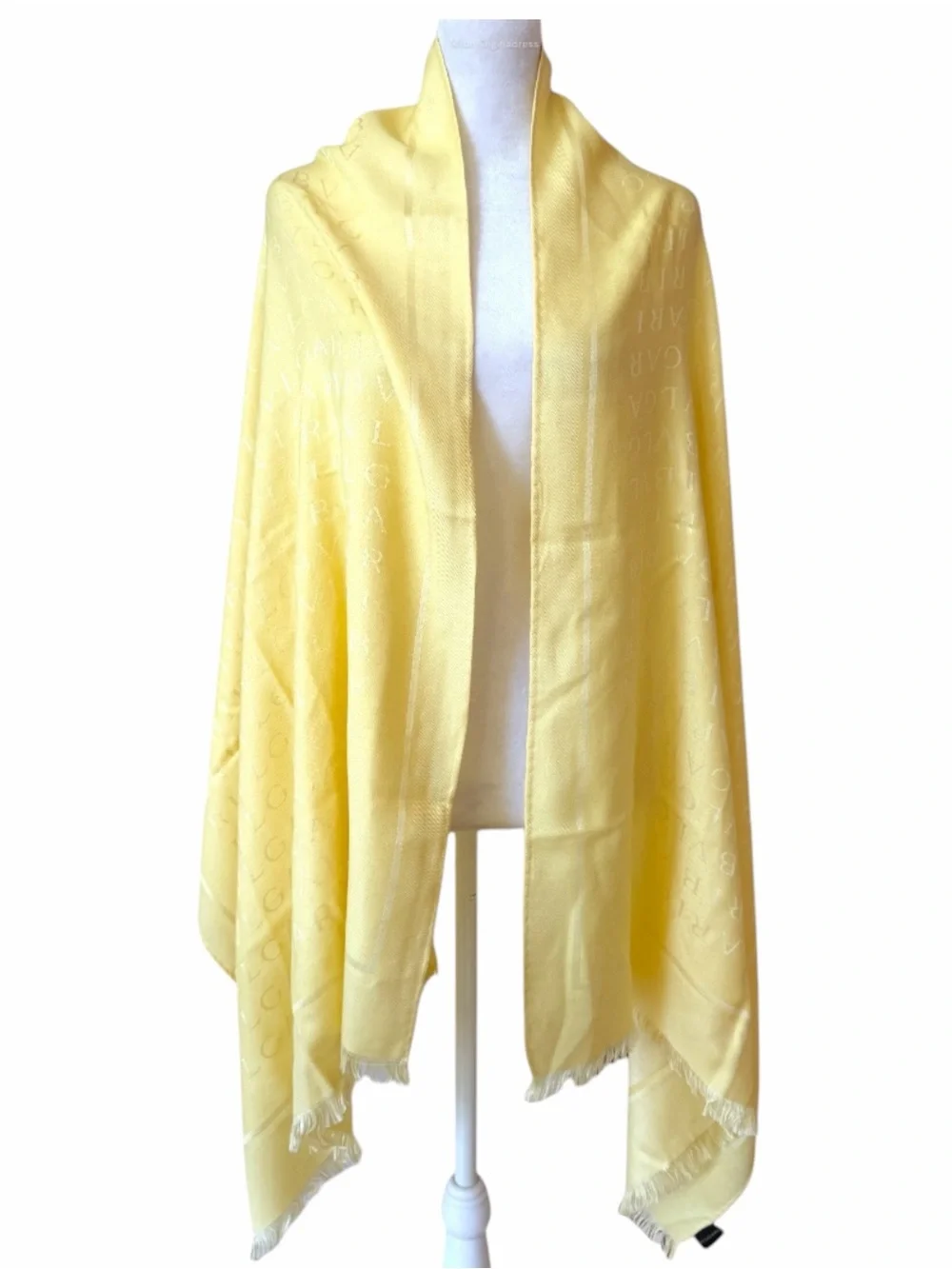BVLGARI Logomania Silk Wool Maxi Stole Scarf Pale Yellow Buttercream Italy 71x28